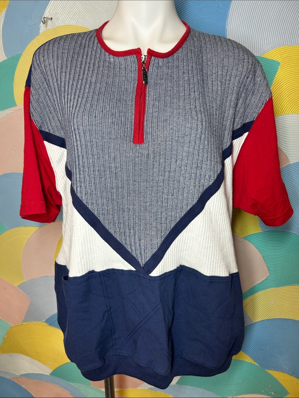 Vintage Blast Colorblock Short-Sleeve Knit Sweater - Red, Navy, White